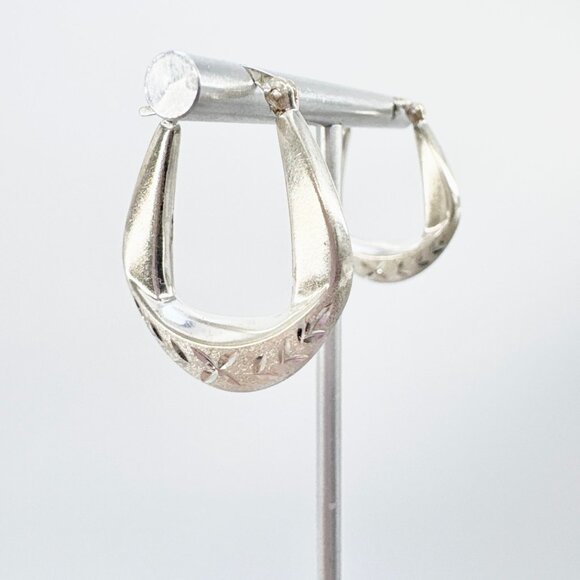 VTG Solid Sterling Silver 925 Etched Puffed Hoop Earrings Size 1" Length - Picture 2 of 7